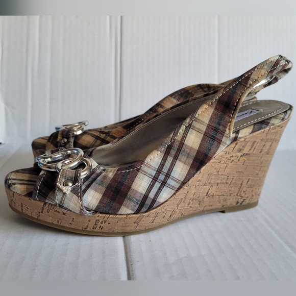 American Eagle Women's Slingback Wedge Cork Plaid Shoe's Size 7 - Picture 2 of 10